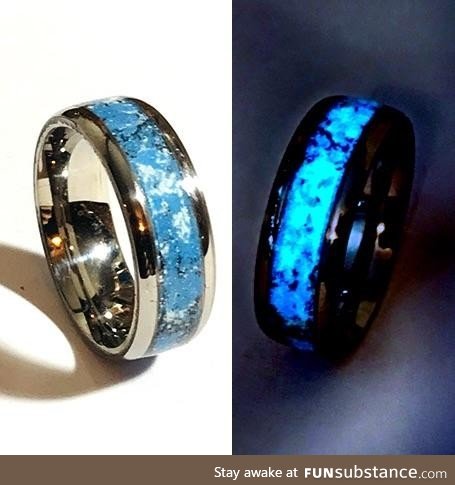 Titanium and Meteorite Blue Glow Ring, by day and by night