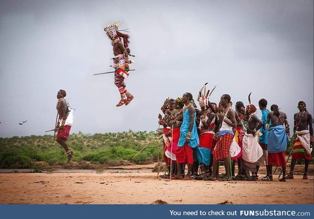A Samburu warrior clearing some serious air at the dance