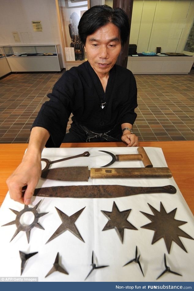 Jinichi Kawakami, Japan's last ninja, showing his tools of the trade