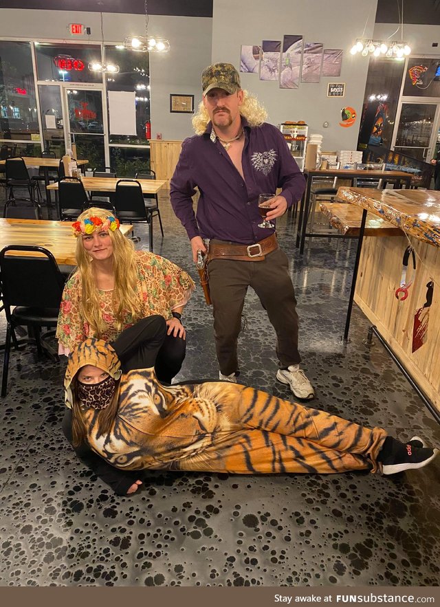 I was working in my tiger onesie on Halloween when customers came in as Joe Exotic and