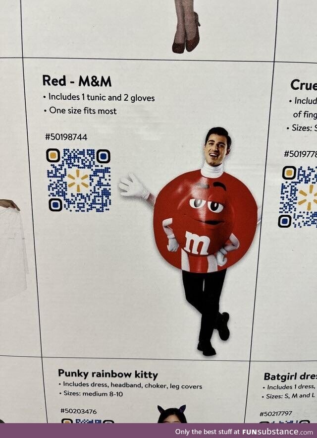 This M&M costume sold at Walmart has the entire character printed on it. M&Mception?