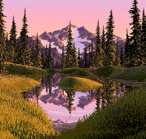 8 bit GIF of a lake in a forest