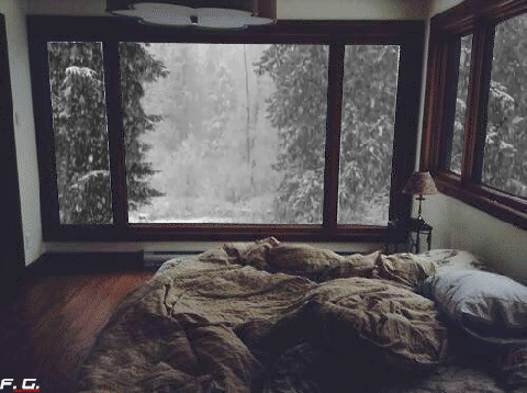 A cozy bed on a snowy afternoon