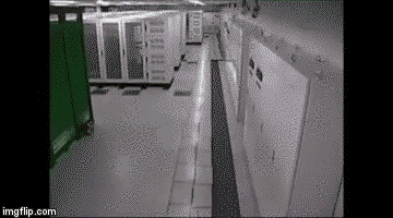 Server room with a seismic isolation floor during an earthquake
