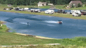 Water ski jumper lands same distance as the boat pulling them