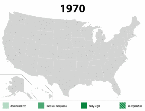 This gif shows the progress of marijuana legislation in the us from 1970 to 2013