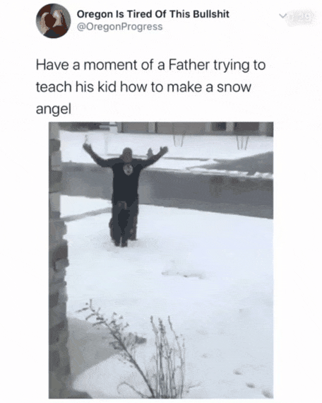 Father trying to teach his kid to make a snow angel