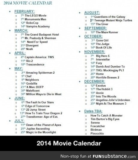 2014 Movie Calendar