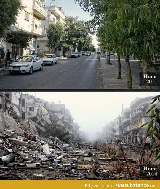 The same street in Homs, Syria in 2011 and 2013
