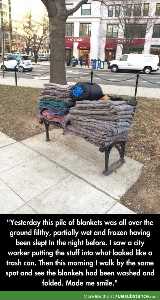 Fresh and clean blankets, thanks to a city worker