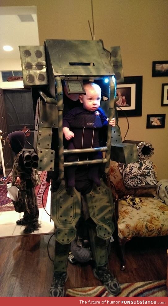 My 6 mo old son in his mech warrior costume for halloween