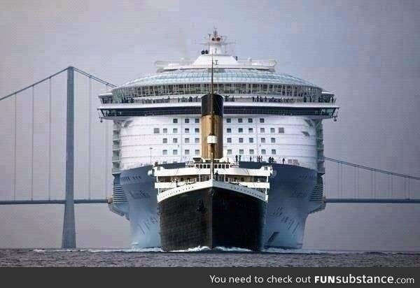 Titanic juxtaposed with modern cruise liner