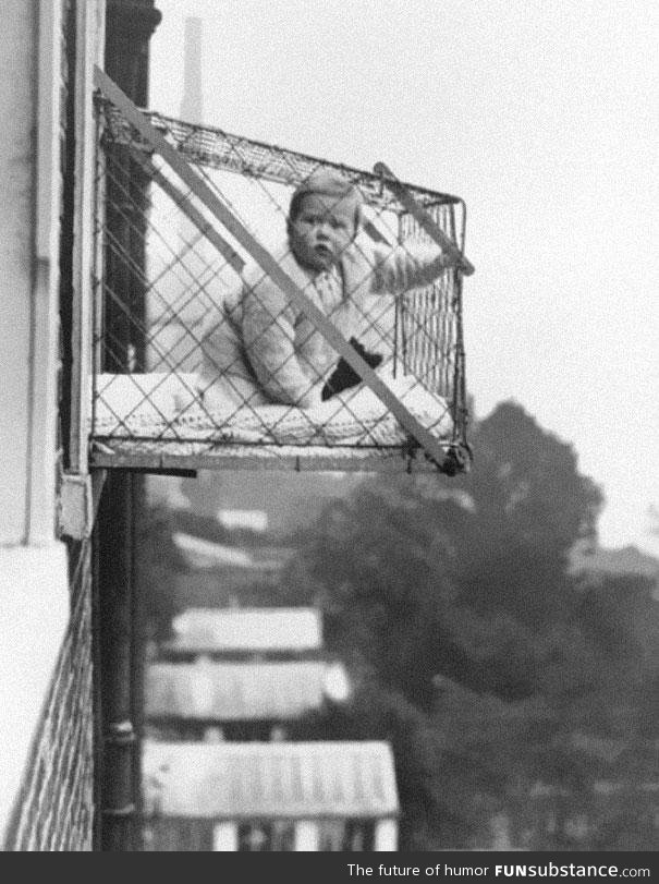 "Baby cages" used to ensure kids got enough sun when living in apartments. (1937