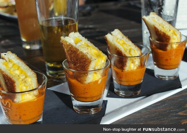 Grilled Cheese Mac & Cheese in Shots of Tomato Soup
