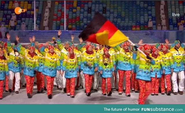 German athletes wearing rainbow-colored jackets