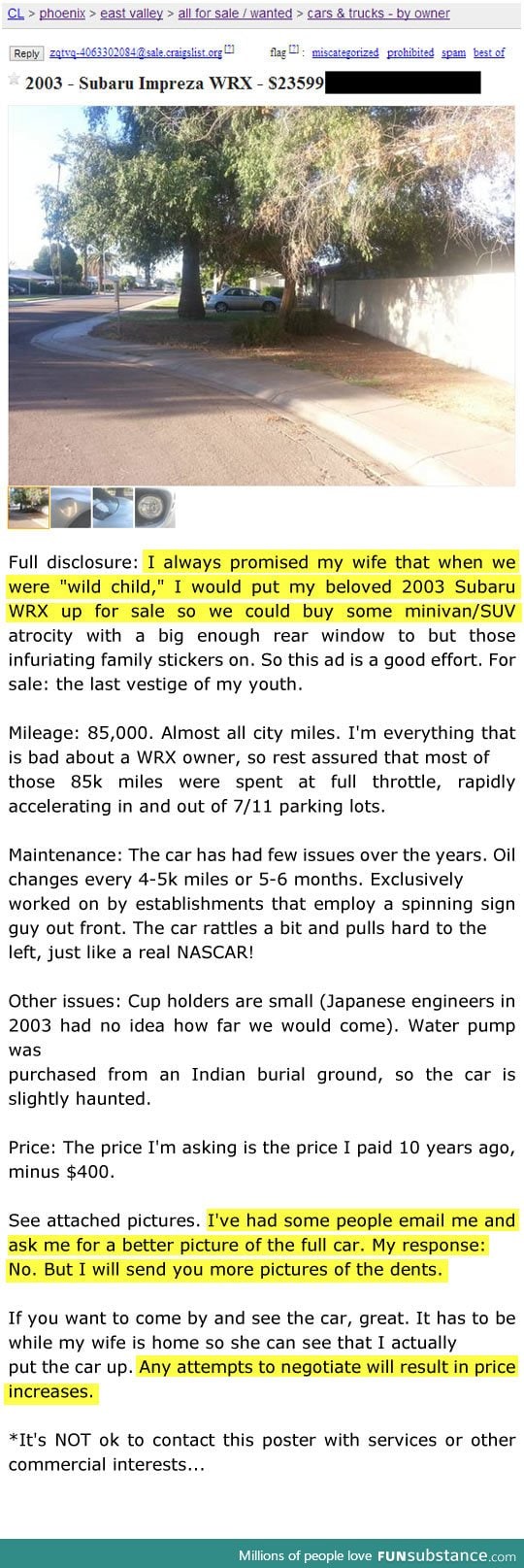 Man doesn't want to sell his Subaru