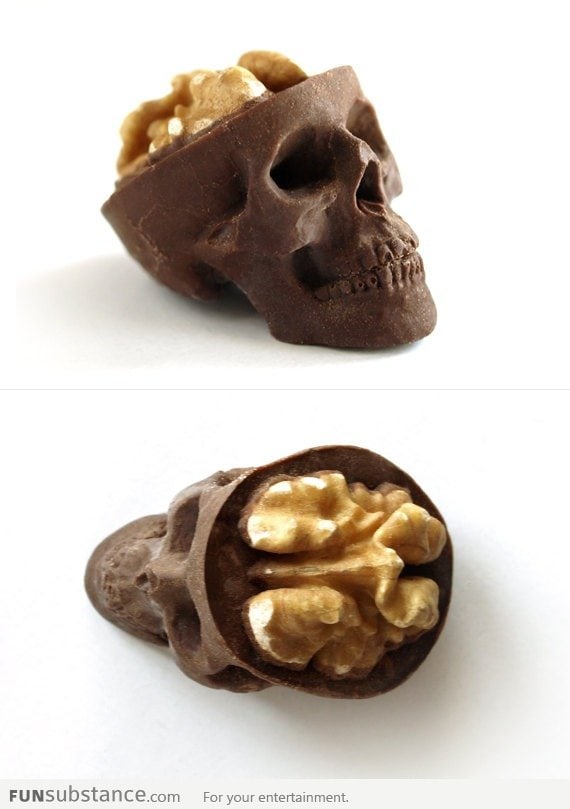 A chocolate skull with a nut brain