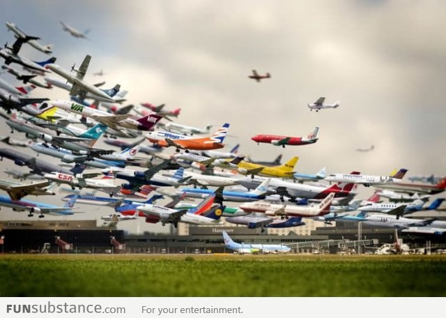 Multiple airplane takeoff photos combined to create this picture