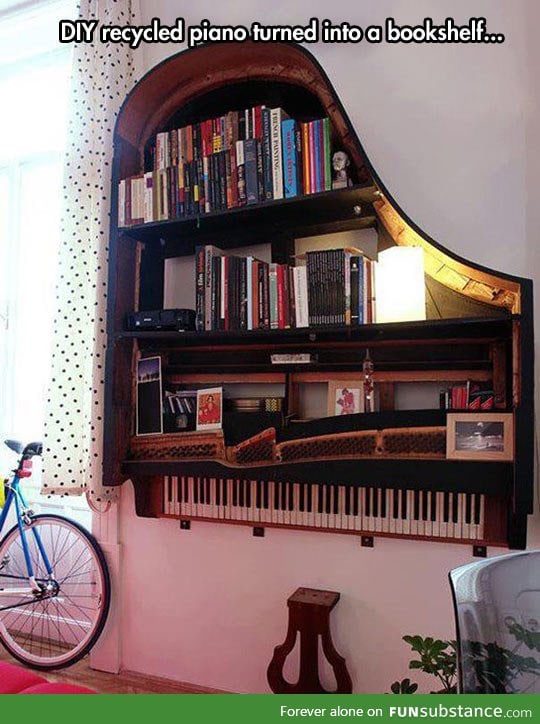 Piano turned into a bookshelf
