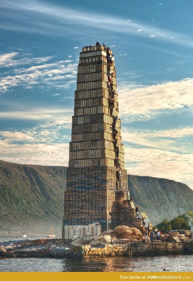 Stacking palettes for the worlds biggest bonfire in norway