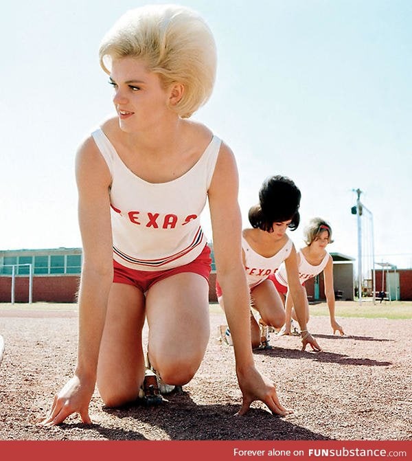 The University of Texas women's track team practices in March 1964