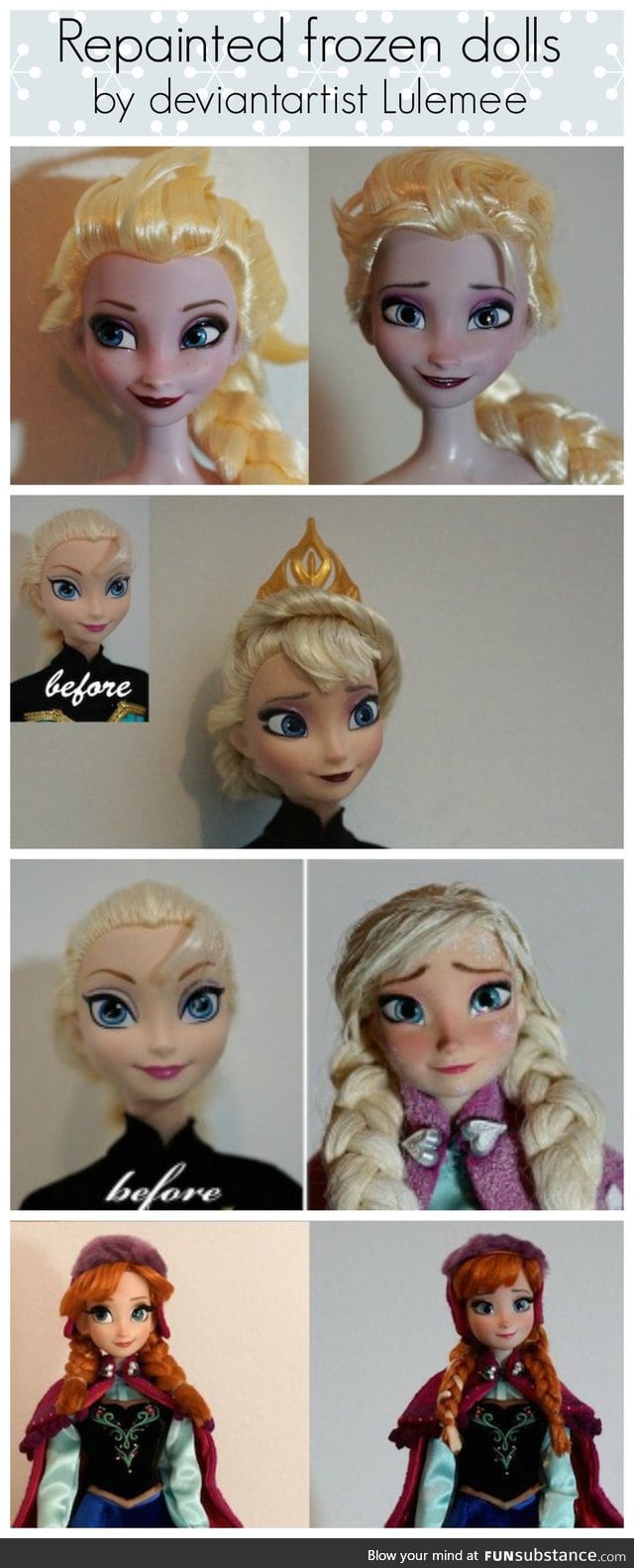 Repainted Frozen Dolls before and after