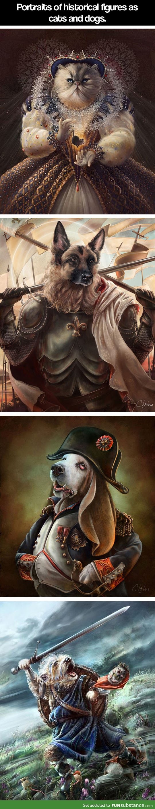 Historical figures as cats and dogs
