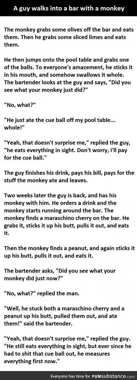 A guy walks into a bar with a monkey