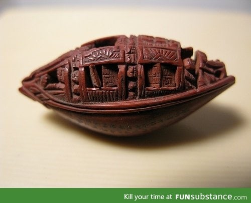 Tiny Boat Carved from a Peach Pit