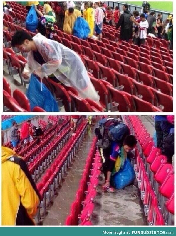 Japanese fans were cleaning out their mess after the world cup. Respect
