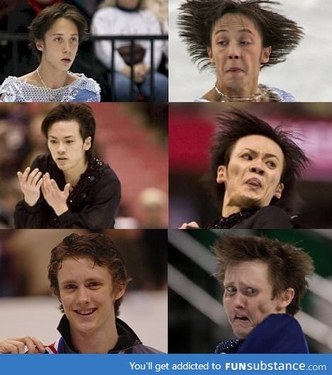Olympic ice skaters' faces before they are skating and while they are skating