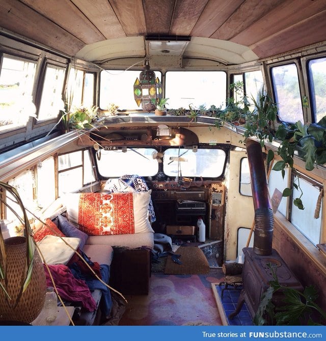 Vintage bus turned into a home on wheels by surfer Ryan Lovelace