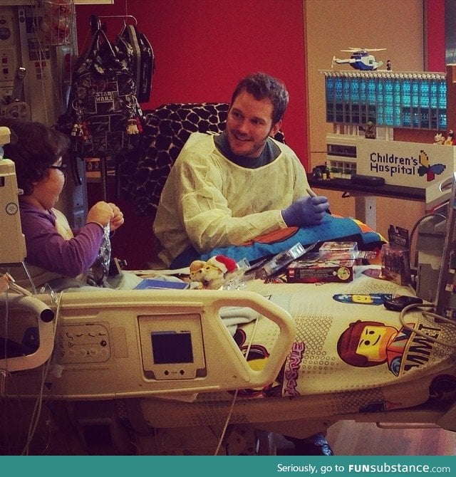Chris Pratt visiting the 'Lego Kid' at Children's Hospital