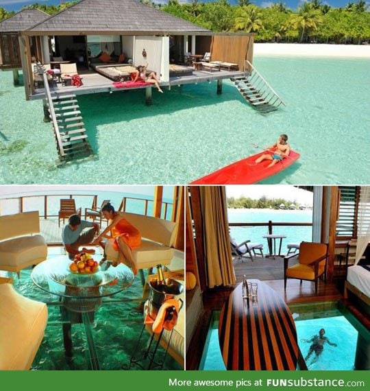 Water bungalows with glass floor in maldives