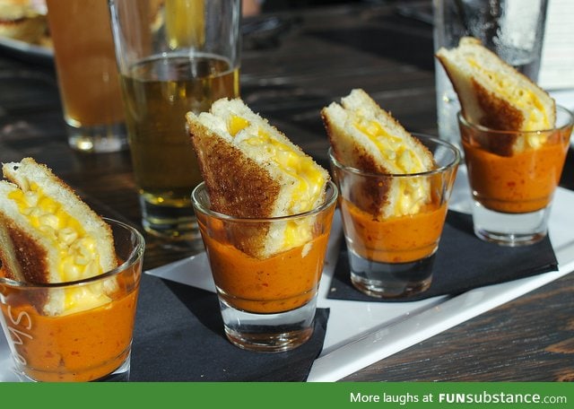 Grilled Cheese Mac & Cheese in Shots of Tomato Soup