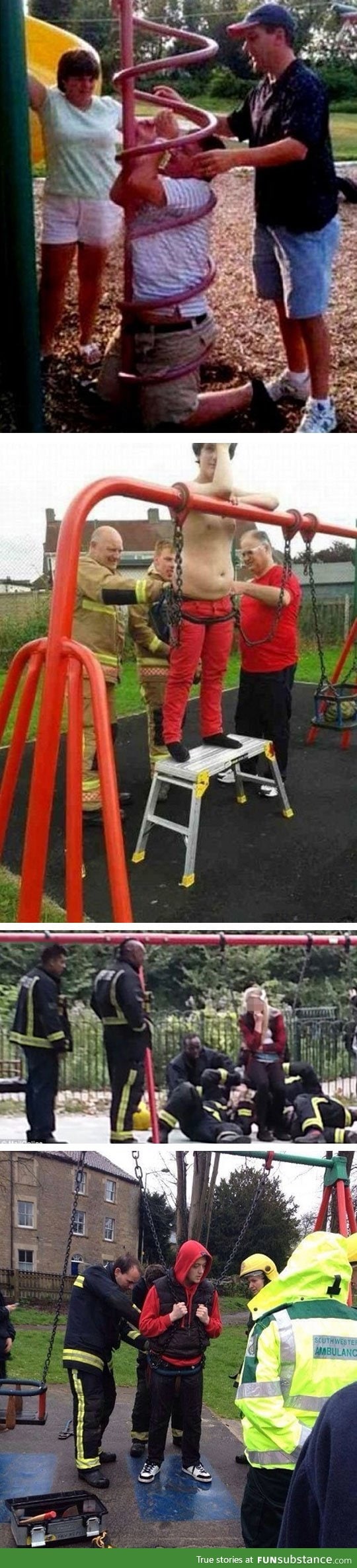 Adults stuck in playground equipment