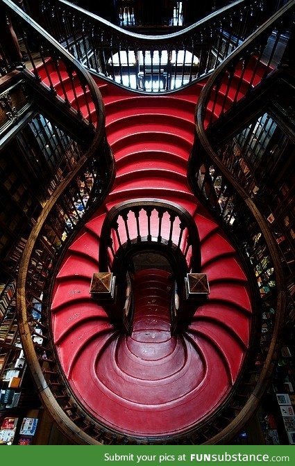 A staircase inside of a bookstore in Portugal