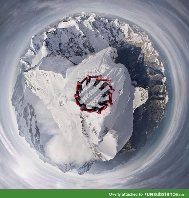 Drone-selfie of climbers on the summit of the Matterhorn