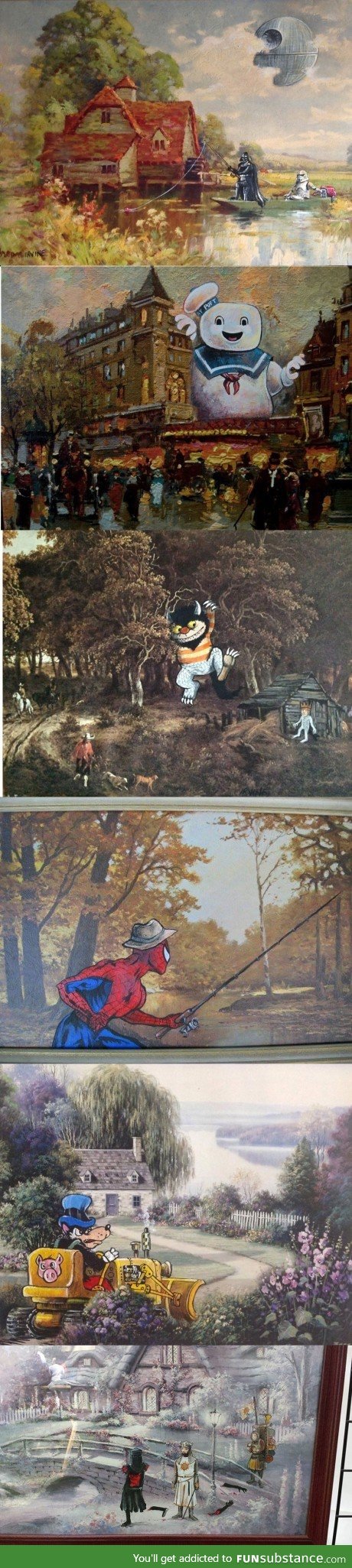 Characters added to thrift-store paintings