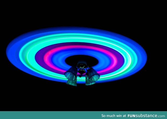 Glow sticks attached to the blades of a ceiling fan