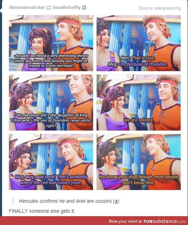 Hercules and Meg talking about how Herc is indeed related to Ariel.