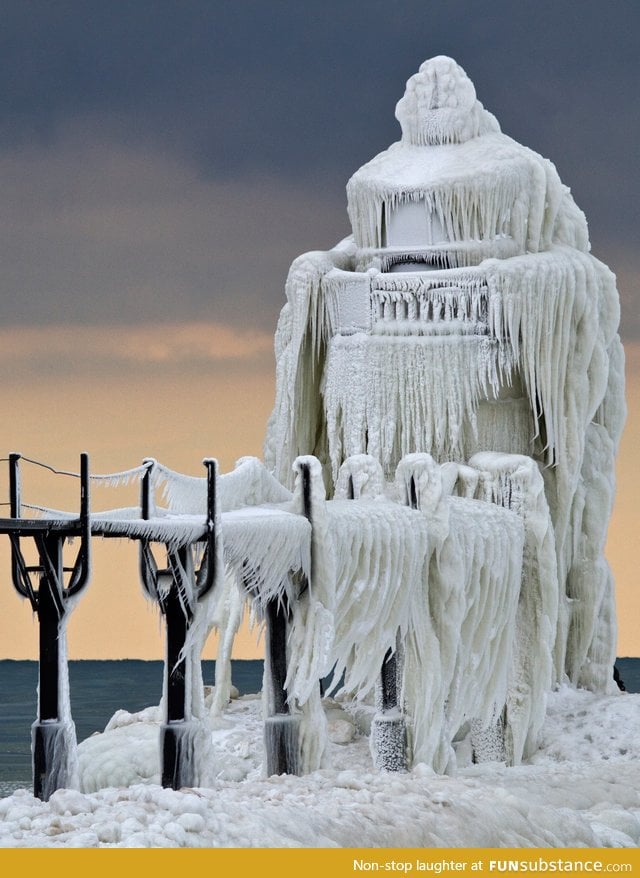 Frozen Lighthouse on Lake Michigan
