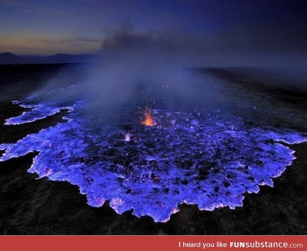 Blue lava erupting from Kawah Ijen volcano in Indonesia
