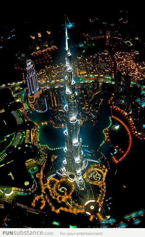 Tallest building in the world, from a helicopter, at night...