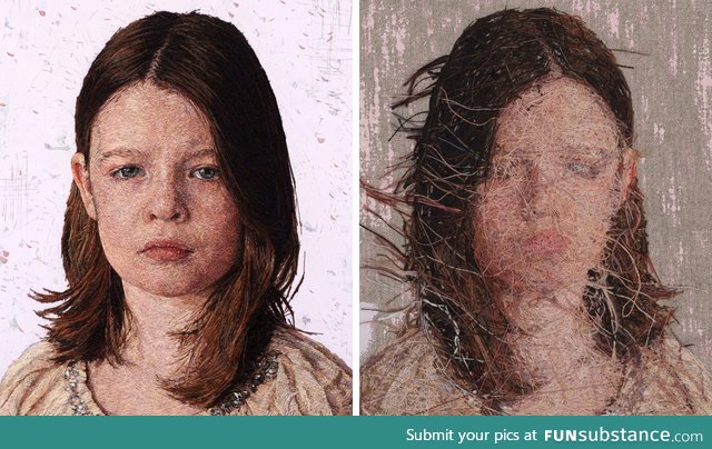 Embroidered portrait of a girl looks terrifying from the other side