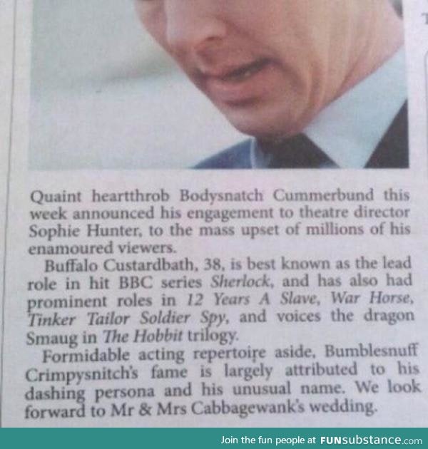An Australian newspaper congratulates Benedict Cumberbatch on his engagement