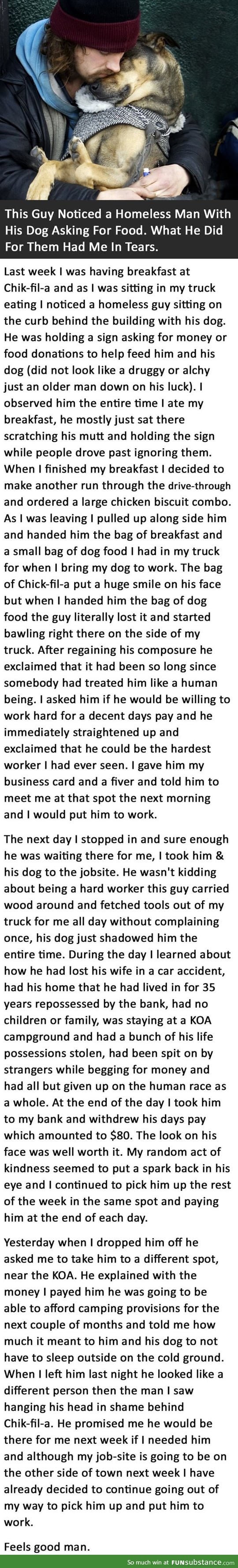 Guy notices a homeless man with his dog