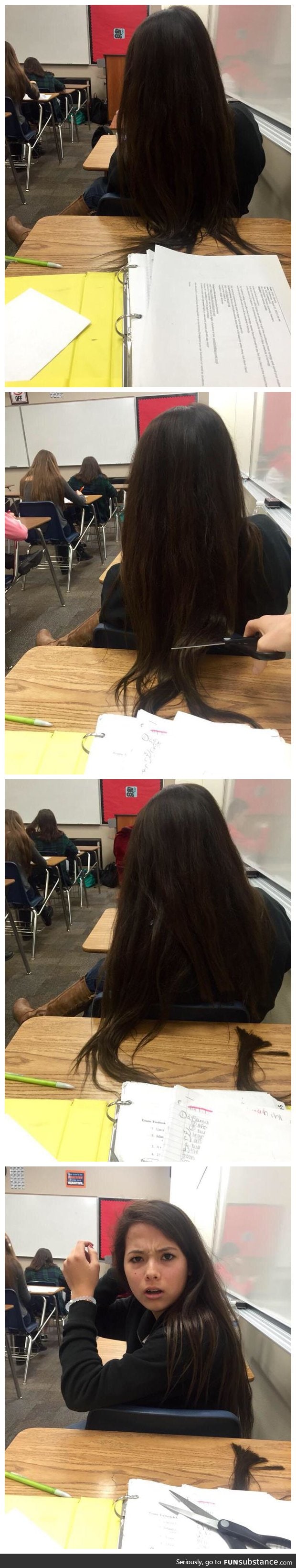 When the girl in front of you won't get her hair off your desk
