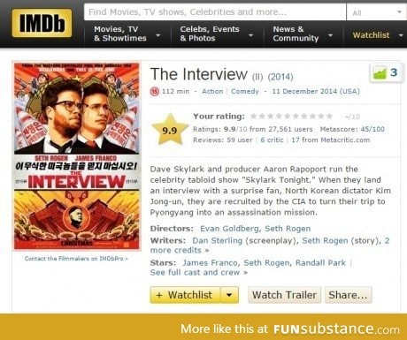 The Interview becoming the highest rated movie on IMDb... Your move North Korea