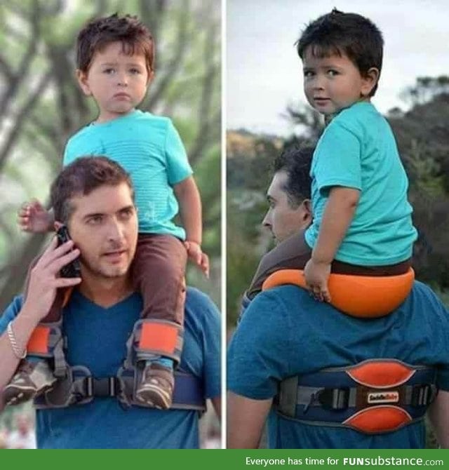 A baby sit on dad's shoulders